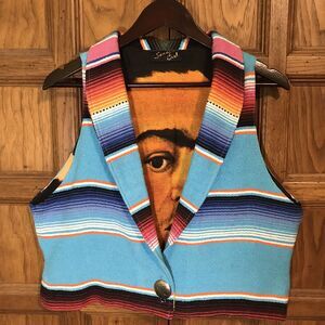 Serape Girl Crop Vest Large Handwoven Cambaya Concho Southwest Aztec Geometric